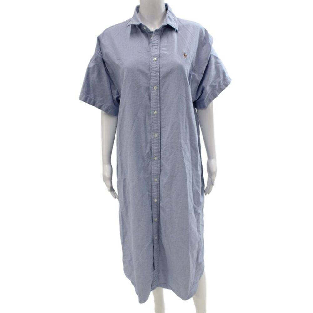 Polo Ralph Lauren Women Shirt Dress Blue Collar Short Sleeve Midi Cotton Size L